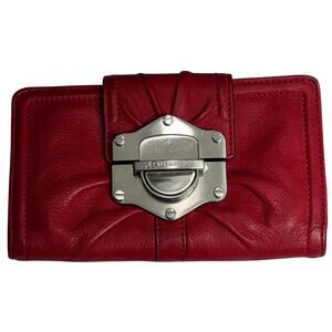 B Makowsky Soft Pebbled Leather Bifold Wallet Silver Hardware Push Lock in Red
